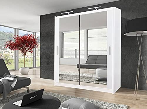 Milan Armoire moderne à double porte coulissante avec miroir et lumière LED Largeur 100 cm/120 cm/150 cm/180 cm/203 cm/250 cm Blanc