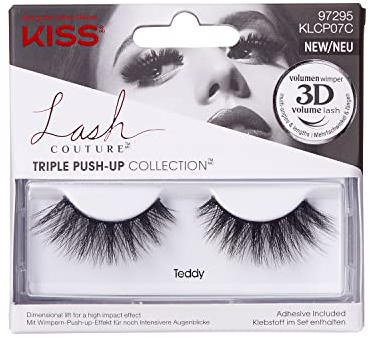 KISS Lash Couture Triple Push Up Collection 1 Pair of False Lashes, Teddy, 3D Volume False Eyelashes, Cruelty-Free, Reusable includes Lash Glue