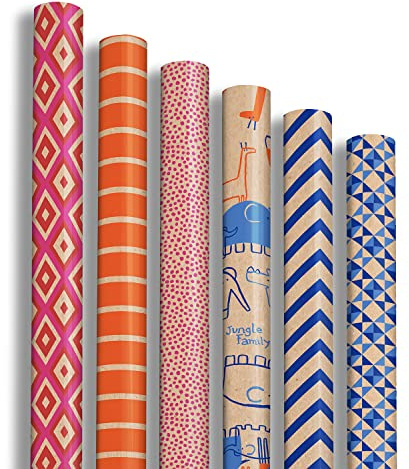 Clairefontaine 223699AMZC - Un Carton De 12 Rouleaux De Papier Cadeau - Papier Kraft Vergé 60g - Dimensions : 2x0,70m - Motif : Kraft, Géométrique, Bleu, Orange, Rose - Emballage Cadeau