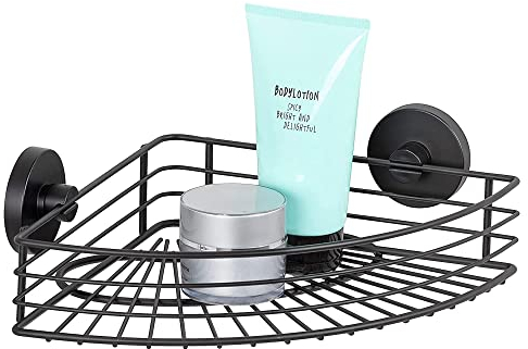 WENKO Eckablage Mod. Bari Wandablage ohne Bohren Duschablage mit Vakuum-Befestigung Stahl schwarz lackiert Badezimmer-Regal im Loft-Style 35 x 9 x 22,5 cm