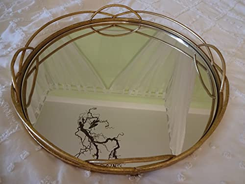 Voß Edles rundes Tablett, Spiegeltablett Serviertablett Glastablett Servierplatte Spiegel Gold Silber Metall Glas