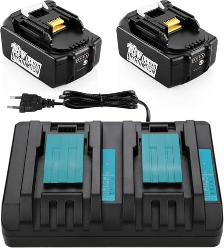 XNJTG 2er-Pack 5,0Ah 18V Akku und 6A Dual-Port Schnellladegerät, kompatibel mit Makita 18V Akkus wie BL1860 BL1850 BL1840 und Ladegeräten wie DC18RD DC18RC, Ersatzakku Set für Elektrowerkzeuge