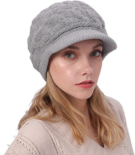 Cozyan Mujeres Grueso Lana Forrado Tejer Flexible Gorrita Tejida con Visera | Mujer Gorros de Punto con Coleta Beanie Sombrero Invierno Suave Cálido Elástico Beanie Hat