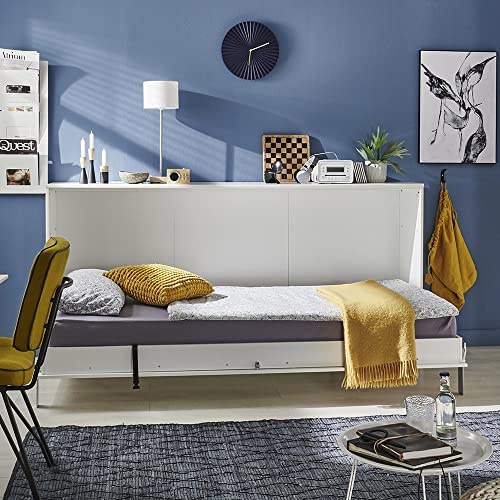 Lomadox Schrankbett 90x200 cm mit Lattenrost weiß Jugendbett Gästebett Klappbett Raumsparbett