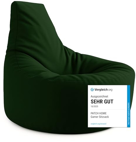 PATCH HOME Gamer Kissen & Lounge Sitzsack – befüllbar mit Reißverschluss, gefüllt mit Styropor, geeignet für In- & Outdoor. Perfekt als Gaming Sessel Sitzkissen (Dunkelgrün, Ø 65cm x Höhe 70cm Junior)