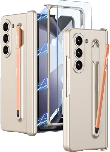 Wibrthz Funda para Samsung Galaxy Z Fold 5 con Soporte para S Pen y S Pen, Funda de Lujo con Protección de Bisagra Magnética y Protector de Pantalla Fronta Protectora Carcasa(Blanco+Rosa Bolígrafo)