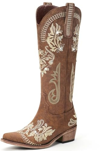 Lumeheel Brown Cowboy Boots for Women - Sparkly Rhinestone Retro Country Boots with Classic Embroidered, Pointed Toe Chunky Heel Pull on Vintage Tall Boots Size 7