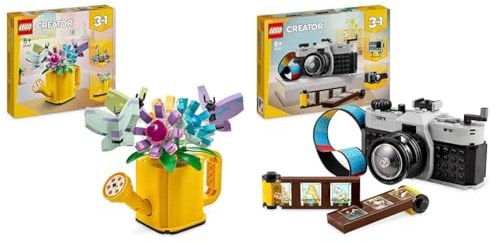 LEGO Creator 3in1 Flowers in Watering Can Toy to Welly Boot to 2 Birds on a Perch & Creator 3in1 Retro Camera Toy to Video Camera to TV Set, Kids' Desk Decoration