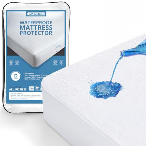 Acrali Home 100% Waterproof Mattress Protector King Size Bed Fitted Extra Deep 40cm Skirt, Premium Terry Cotton, Hypoallergenic King Size Mattress Protector 150x200cm - Washable, Nonslip Cover Sheet