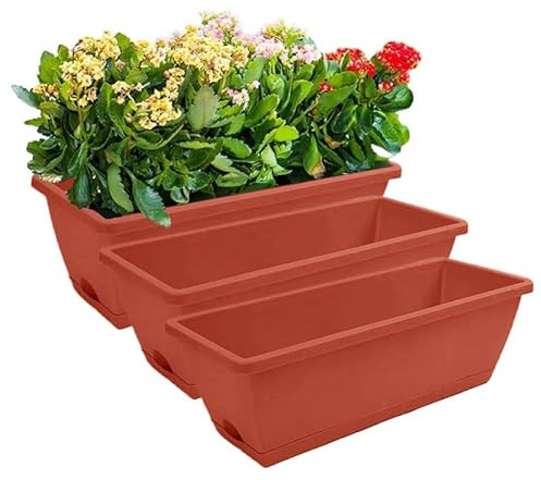 pdodo Set di 3 fioriere rettangolari con sottovaso, perfette per davanzale, balcone, fioriera stretta per interni, vasi da fiori ed erbe aromatiche