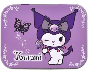 Hello Kitty Kuromi - Cerotti glitterati in scatola di metallo, due misure con simpatico design Hello Kitty Kuromi, facili da rimuovere e delicati sulla pelle, adesivo traspirante, 24 cerotti