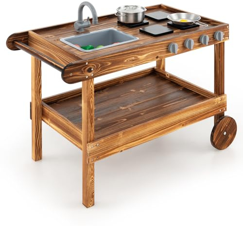 GOPLUS Matschküche für Kinder, Spielküche Outdoor mit Abnehmbarer Spüle, 4 Herden & Lagerregal, Kinderküche aus Holz mit Griff und Rädern für Kinder ab 3 Jahren, Natur, 79 x 42 x 70 cm