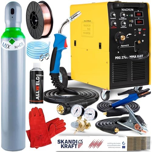 MAGNUM MIG 270 W MMA IGBT Schweißgerät MIG MAG mit 4-Rollen-Drahtvorschub für 15kg Drahtspulen - Mit 2T/4T, Induktivität, Lötschweißen und MMA - 400V - 280A - Set: Professional