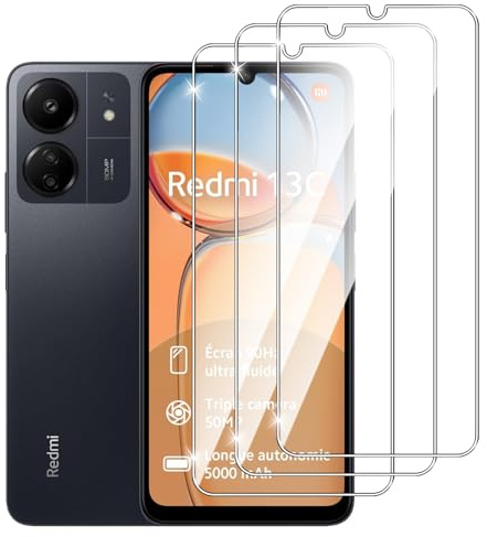 Dlxiks Protector de Pantalla para Xiaomi Redmi 13C /Xiaomi Poco C65, Cristal templado Antiarañazos,Dureza 9H, fácil instalación, Sin Burbujas, Antiarañazos, HD Transparente, 3 Unidades