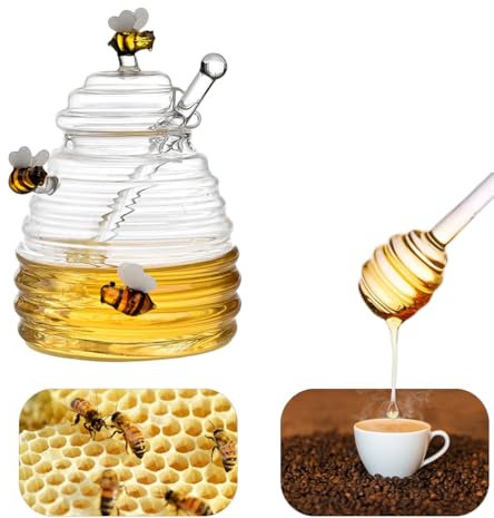 siluowna glass honey jar with dipper,beehive shaped honey pot,honey container with dipper large,17 oz