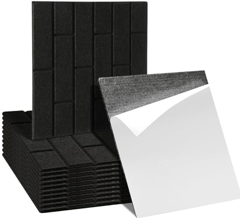 Ansobea Lot de 12 panneaux acoustiques autocollants - 30 x 30 x 0,9 cm - Noir - Sensation brique - Pour studio, bureau, traitement acoustique et décoration murale