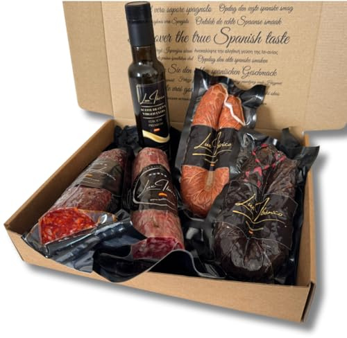 Caja Regalo Gourmet Regina - Embutido Ibérico, Morcilla y Aceite | Chorizo y salchichón ibérico de 500g, morcilla patatera, achorizada picante y aceite de oliva virgen extra.