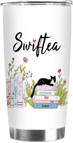 Onperpoe Swiftea Mug for Music Fans, Coffee Mug, Books, Flower Design, Stainless Steel Insulated Mug with Lid, Swiftea Gift, Personalised with Name, Gift for Daughter, Girlfriend