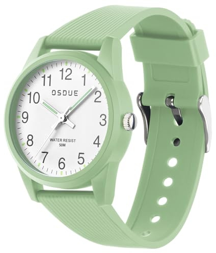 OSDUE Montre Enfant, 50 M Vert Montre étanche à Quartz pour Enfant, Montres Analogique étanche à Quartz et Bracelet Souple de 5 à 15 Ans pour l'Apprentissage de La Lecture
