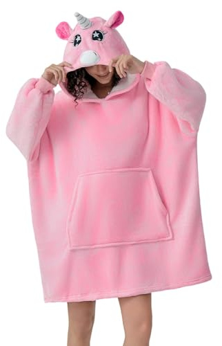 Stämpeldekal överdimensionerad bekväm bärbar filt huvtröja, stor sherpa fleece TV-tröja för vuxna kvinnor flickor tonåringar, Rosa enhörning, one size