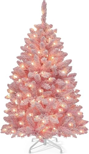 YITAHOME137cm Prelit Pink Flocked Spruce Artificial Christmas Tree, Pre-Lit Pink Christmas Tree with 400 PVC Tips and 200 Warm-White Lights for Home, Office Decoration