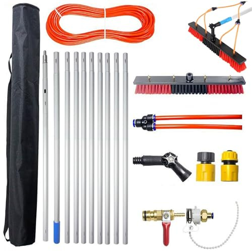 10m wasserführende Teleskopstange mit 55cm Flex-Bürstenkopf | 180° verstellbar | inkl. 20m Frostschutzschlauch & Zubehör,Mit Aufbewahrungstasche | Für Solaranlagen, Fenster, Wohnmobile, LKW, Boote​