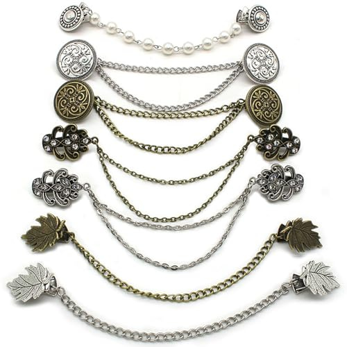 7 Pcs Sweater Clips Retro Shawl Dresses Clips with Chains Serration Attachment Decorative Zinc Alloy Cardigan Cloak Clasp for Women, Girl Ideal