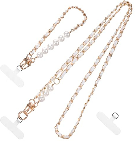 Exclaith White Chain Metal Phone Lanyard with 2 Tether Tab and 1 Wrist Strap, Anti-Theft Crossbody CellPhone Chain Leather Pearl Phones Strap Cell Phone Neck Holder