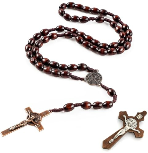 SZJFYMQ Rosario de Madera Collar para Mujer Hombre, con Colgante Crucifijo Medalla Cruz Collares Largos Rosarios Religiosos, Ideal para Comunión Católica, Bautizo, Misa y Estudio Bíblico