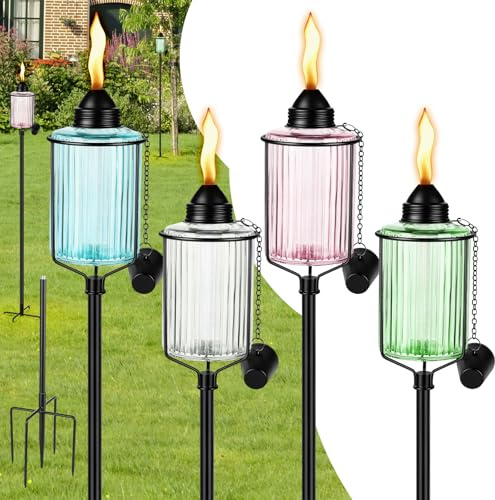 Nonley Gartenfackel aus Glas für den Außenbereich, 340 ml, 4 Stück, verbesserte 155 cm, bunte Citronella-Fackeln mit 5 Zinken, Erdspieß, höhenverstellbar, wetterfest, Gartendekor-Fackel für Terrasse