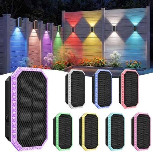 TECKNET Solar Fence Lights Outdoor 8 Pack with Bi-Directional, Uplight & Downlight, Solar Powered Fence Wall Lights Waterproof IP67 8 Colors & RGBW Dynamic Cycling for Outdoor/Patio/Porch/Pool Cage