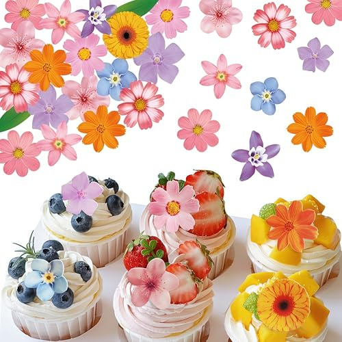 PLUSHCEWT 50 Pcs Flowers for Cakes, Paper Cake Decorations, Cake Toppers for Cupcakes, Desserts, Wedding, Birthday, Baby Shower Cupcake Toppers (colorful)