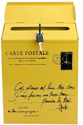 Auratrove Cassetta delle lettere vintage da parete, in ferro rustico, con serratura e chiavi, per decorazione domestica esterna, giallo