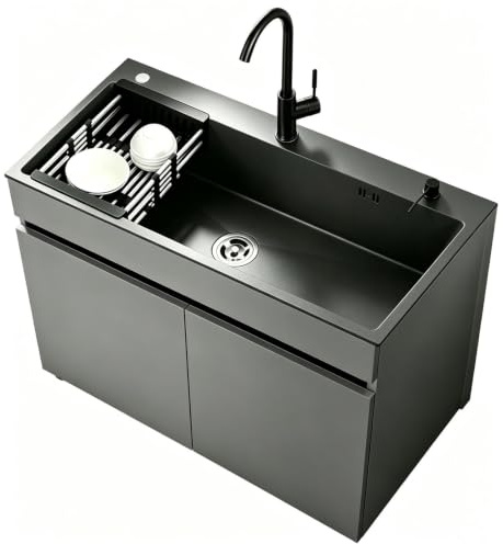 Mueble Fregadero un Seno para Exterior y Jardín Fregadero Freistehend de Acero Inox Negro Cepillado con Grifo de Agua Fría y Caliente, Estructura de Aluminio Alveolar para Garaje, Taller o Patio