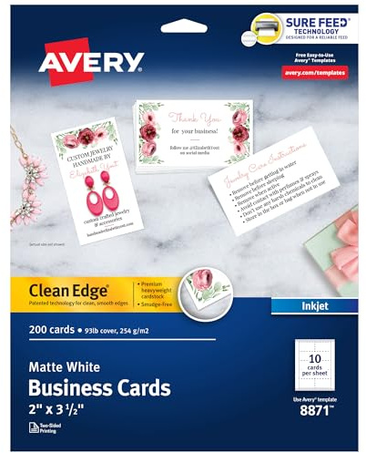 Avery Clean Edge Printable Business Cards with Sure Feed Technology, 2 x 3.5, White, 200 Blank Cards for Inkjet Printers (08871)