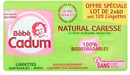 Bébé Cadum Natural Caresse Hygiène et Soin Bébé Lingettes, 2 x 60 unités