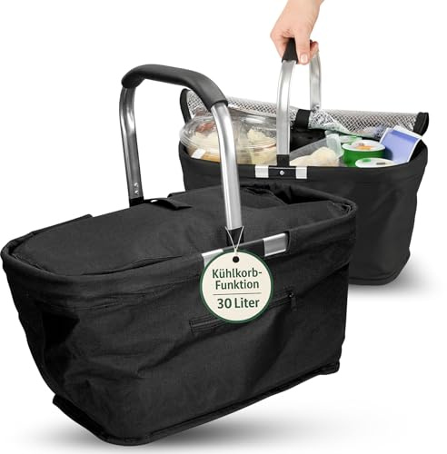 Einkaufskorb faltbar 30 L mit Deckel - Thermotasche Kühltasche in Schwarz | ergonomischer Griff, 2in1, Picknickkorb, isoliert, Einkaufstasche, Lebensmittel, Camping, praktisch