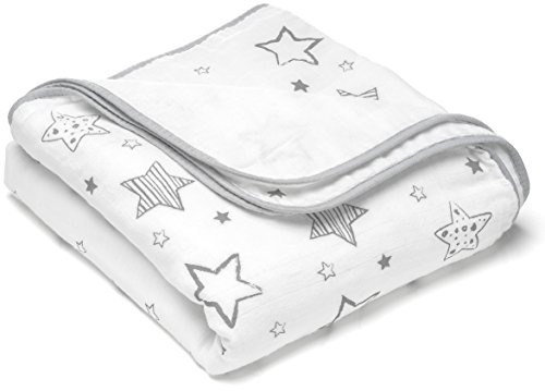 MAKIAN Mussola Neonato 120x120 - Copertina Neonato Cotone 100%, Lavabile in Lavatrice, per Passeggino, Carrozzina, Culla e Ovetto - Bianco Stelle