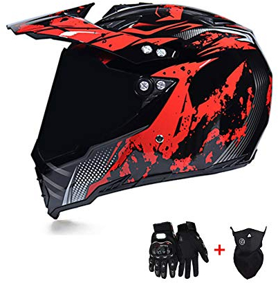 LEENY Motocross-Helm Herren Crosshelm Full-face Schutz mit Sonnenblende Visier Maske Handschuhe, Motorradhelm Motorrad Off-Road ATV MTB Quad Motorräder Racing DH Enduro Integralhelm, Schwarz Rot,S