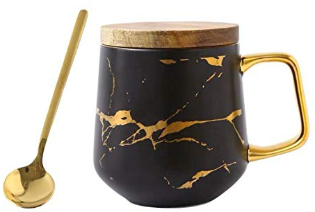 Eplze YBK Tech Porcelain Tea Cup Coffee Mug Set for Afternoon Tea - Marble Pattern (Black, Tall 400ml + Wood lid)