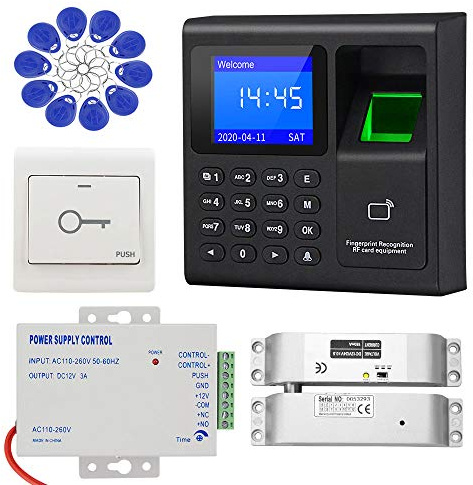 KDL Komplettes RFID-Zugangskontrollsystem Tastatur für Fingerabdruck-Zugangskontrolle, DC12V/3A-Netzteil, Elektrisches Riegelschloss mit Schaltertaste 125kHz Schlüsselanhänger für alle Arten von Türen