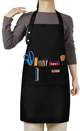 Hongsome Verstellbare Schürze mit Knöpfen für Damen und Herren, Künstler, Malerei, Keramik, Garten, Kochen, Küche, Koch, 3 Taschen, wasserdicht, M-XXL, Schwarz, 31.5 * 27inch