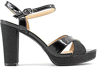 MODELISA - Sandalia de Tacón Alto con Plataforma Brillante Boda Mujer (Negro/3, Sistema tallas calzado EU, Adulto, Mujer, Números, mediano, 36)