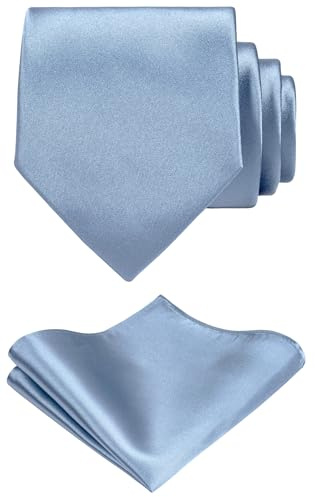 TIE G Solid Satin Woven dyed Color Formal Black Necktie and Pocket Square Sets in Gift Box (Dusty Blue)