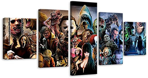 ZHONGYUTONG 5 Stück Horror Movie Wand Poster Klassischer Horror Film Charakter HD Leinwand Kunstdruck Halloween Bild Gemälde (100x55cm, Gerahmt)