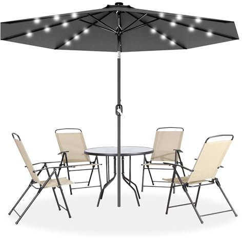 Froadp 300cm Sonnenschirm mit Griff Gartenschirm aus Aluminium Einstellbare Neigungsrichtung Faltbarer Achteckig Terrassenschirm mit UV Schutz für Balkon Terrasse Garten (Dunkelgrau mit LED)