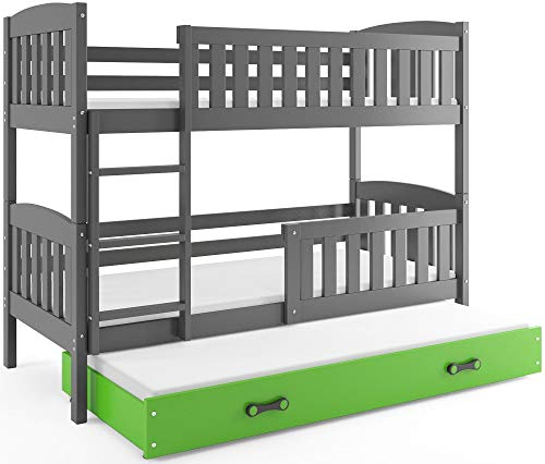 Interbeds Etagenbett QUBA 3-Sitzer, 190 x 80 cm, mit Lattenrosten und Matratze in Weiß, Grau, Kiefer Natur oder Schokolade (Grau + Grün)