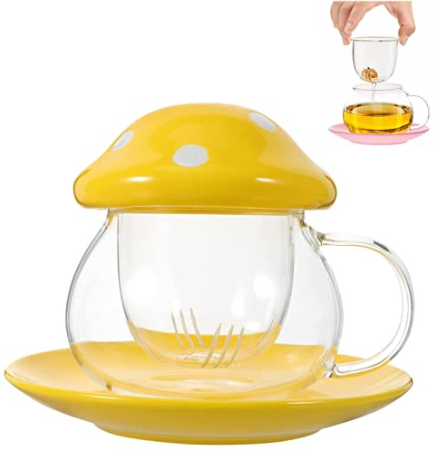 TUHNHGD Mushroom Mug, Tea Cup with Infuser, Glass Coffee Cups, with Coaster. Cup Lid. Tea Strainer, 290ml (Yellow)