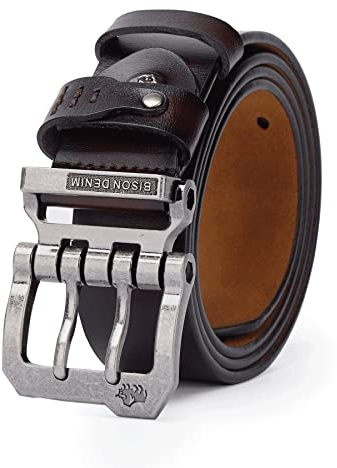 BISON DENIM Herren Gürtel aus Echtem Leder – 38 mm Breiter Ledergürtel mit Doppelter Nadel-Schließe – Casual Jeansgürtel für Männer