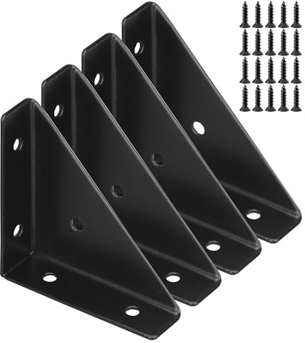 Armiika 4 Pcs Trapeziform Angle Brackets, Shelf Brackets Heavy Duty Triangular Bracket Fastener, Cold Rolled Steel Braces Joining Support for Desk Bed Edge (Black), SJ2-WDQ-4P